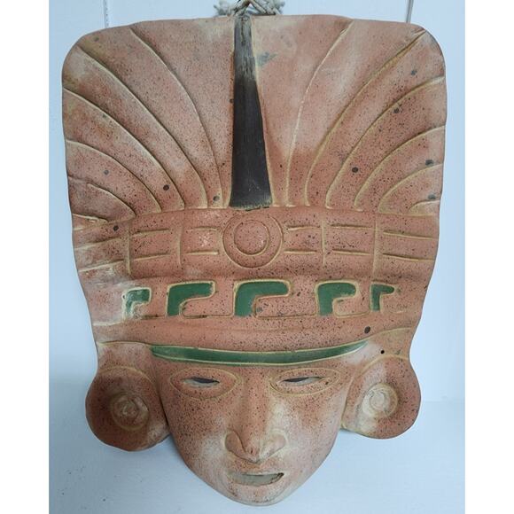 Vintage Terracotta Clay Mask Aztec Mayan Style Wall Art 12” Handcrafted Mexico - Picture 1 of 11